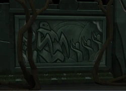 A wall scripture of what appears to be a group of humans worshipping Fiara.