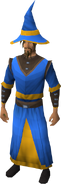 A player wearing blue wizard robes with gold trim