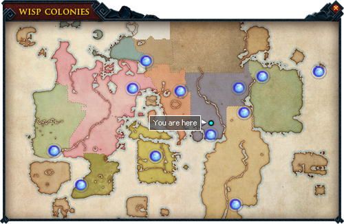 A map showing the locations of all wisp colonies on Gielinor.