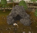 A miner jumping out of the cave.