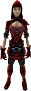 A female player wearing a red dragonhide armour set.