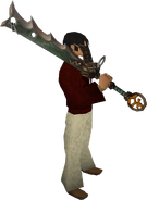 A player wielding a Godsword donning the Bandos hilt.