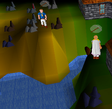 A player mining copper and looking at the nearby Fight Arena mine.