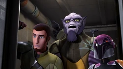 Джаррус и Врен пытаются убедить штурмовиков, что Оррелиоз является «редким видом лысого вуки»