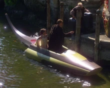 Акку достаёт чемоданы из гондолы.