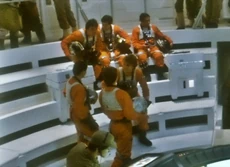 Линн Хейзелден с коллегами на съёмках «Возвращения джедая»