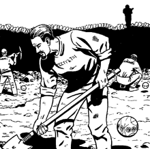 Заключённый работает лопатой.