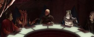 Count Dooku and the Separatist Council members Nute Gunray Poggle the Lesser Wat Tambor and San Hill