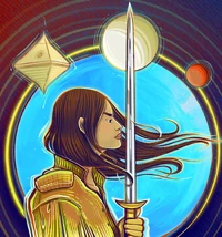 Ланори Брок на фоне Тайтона и двух его спутников