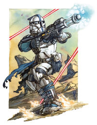 Элитный разведчик-коммандос ведёт огонь из тяжёлого автоматического бластера