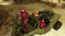 Simmons, Sarge, and Grif piloting a Warthog