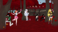 Team RWBY and JNPR, collecting sap while Team CRDL watches on.