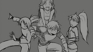 Nora excitedly leaps onto Jaune's back.