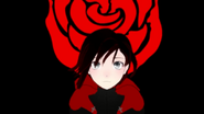 Ruby, standing in front of her emblem