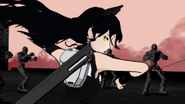 Blake using Gambol Shroud's pistol form tied to her ribbon, fights the AKs-130 in the flatcar.