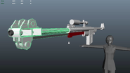 An unfinished render of Ruby, seen behind the sniper rifle's model.