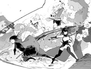 Chapter 15 (2018 manga) Team RWBY fighting a pack of Beowolves