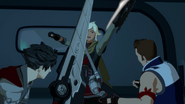 A fight breaks out on the prisoner transport, as Clover tries to arrest Qrow.