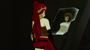 Pyrrha Nikos standing before the life support pod