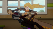 Yang punches someone with her eyes glaring red.