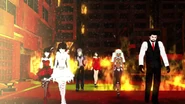 Cinder's Faction, Junior Xiong, Melanie Malachite and Miltia Malachite walking through fire and destruction
