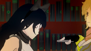 (1) Blake is still following a laser dot on the ground, but Yang is aiming at her