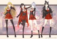 Promotional material of Team RWBY in their Beacon uniform.
