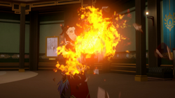 Cinder shattering her own sword releasing fire