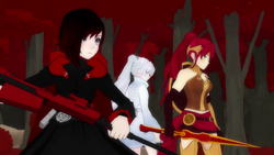 Weiss, Ruby and Pyrrha watch Jaune face down the Ursa Major.