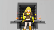 A shelf is visible behind the DJ table, as Yang reloads her gauntlets.