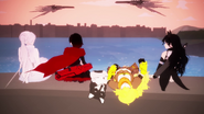 Team RWBY (and Zwei) and some airships in the distance.