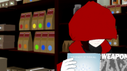 Ruby reading a magazine by some shelves