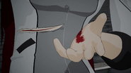 Qrow has taken his hand away, revealing the wound and the blood on his palm.