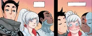 Bruce and Victor give Weiss a kiss on the cheek.