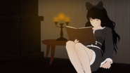 Blake, reading her novel by candlelight