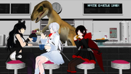 "After a long mission, Team RWBY enjoys some late night coffee at their favorite 24hr Diner."