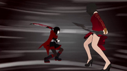 Cinder with her swords fighting against Ruby Rose