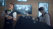 Qrow and the bartender watch the Vytal Festival Tournament.