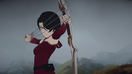 Cinder's weapon in bow form with three arrows being drawn