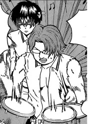 Kusuo teaching Shinya to play the drums.