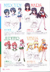 Character designs of the Inner Sailor Senshi. Rei Hino/Sailor Mars is in the top right corner