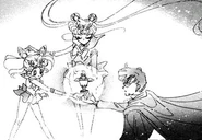 Sailor Moon, Sailor Chibi Moon and Tuxedo Mask summoning the Holy Grail in the manga for the first time.