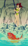 Makoto fishing in swimwear.