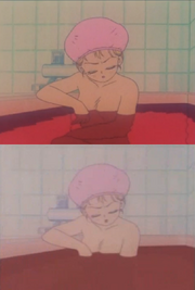 A bathing scene in the original series and the English dub. In the  episode, "", the water is made opaque to hide Serena's body.