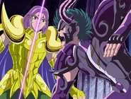 Mu teletransportándose justo antes de recibir Excalibur.