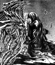 Pandora sosteniendo el cuerpo ya sin vida de Rhadamanthys, después de sacrificarse para destruir el mural