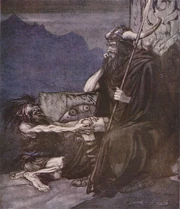 Alberich el Enano habla con Hagen, dibujo de Arthur Rackham.