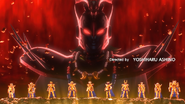 Pope Ares and his ten Gold Knights in the opening sequence. From left to right, back to front: Pope Ares, Cancer Deathmask, Pisces Aphrodite, Gemini Saga, Leo Aiolia, Virgo Shaka, Scorpio Milo, Capricorn Shura, Aquarius Camus, Aries Mu, and Taurus Aldebaran