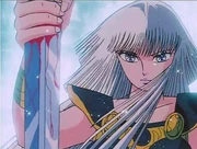 Hilda sujetando la Espada de Balmung por el filo.