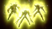 Seiya, Shiryu y Hyoga portando sus Gold Cloths en la tercera película